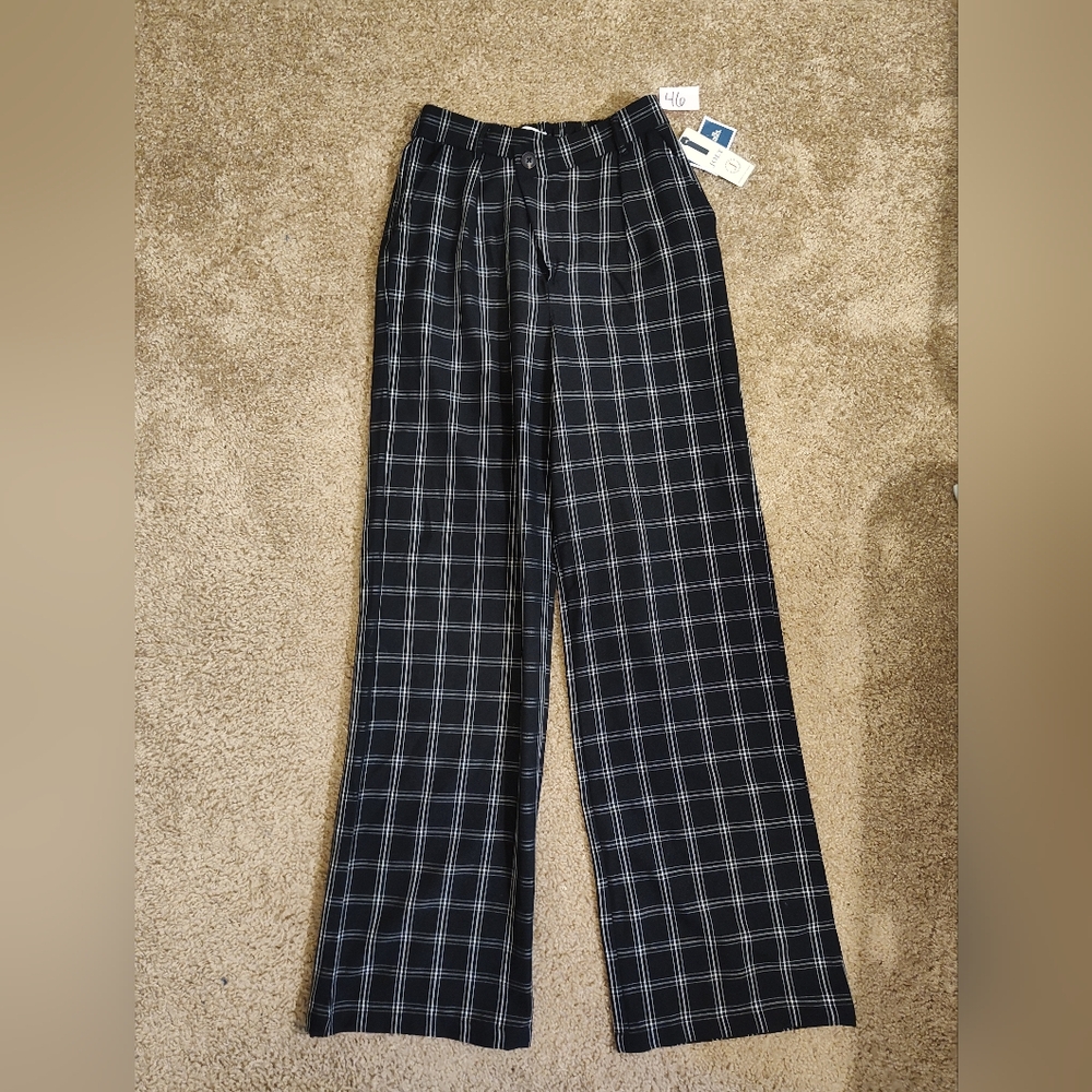High waist wide leg black and white plaid slacks